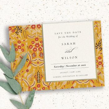 ornate yellow gold floral peacock save the date invitation