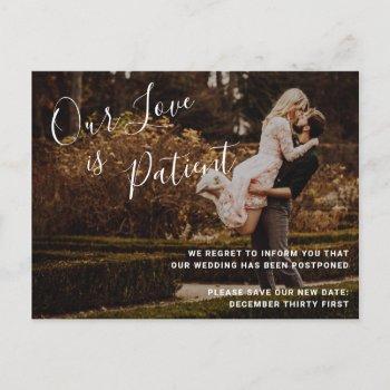 Small Our Love Is Patient Photo Wedding Postponement Announcement Post Front View