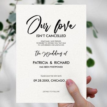our love isn’t cancelled wedding postponement postcard