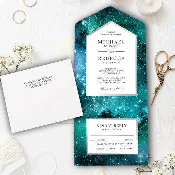outer space starry universe teal galaxy wedding all in one invitation
