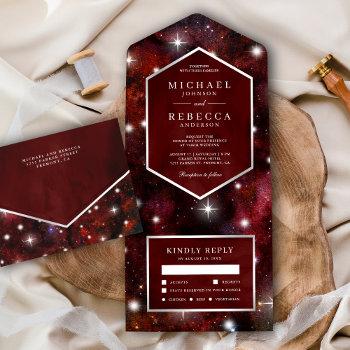 outer space universe maroon red galaxy wedding all in one invitation