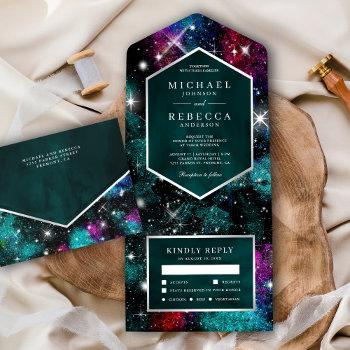outer space universe teal red pink galaxy wedding all in one invitation