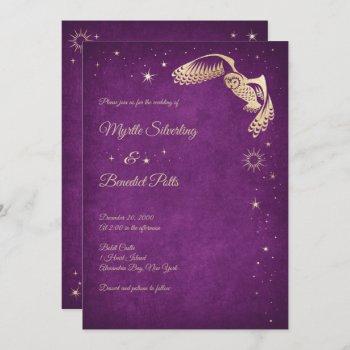 owl stars wizard purple magic wedding invitation