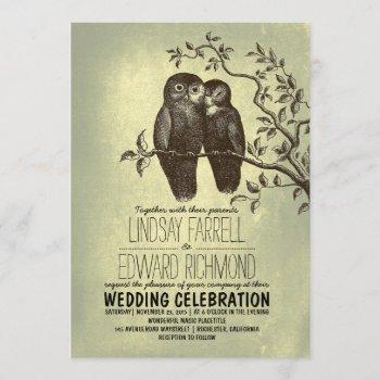 owls in love & tree branch vintage wedding invitation