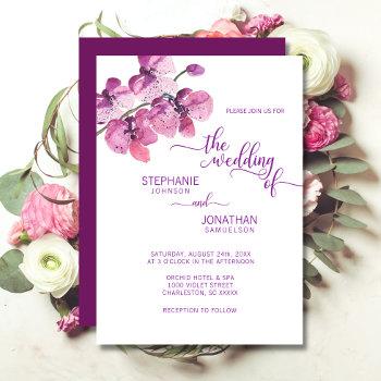 painted watercolor purple floral orchids wedding invitation