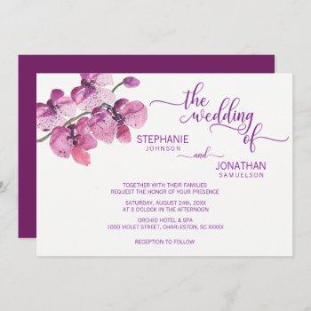 painted watercolor purple floral orchids wedding invitation