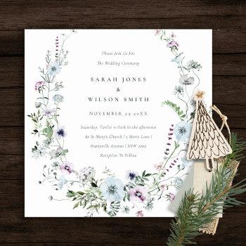 Small Pale Blue Lilac Wildflower Wreath Wedding Invite Front View