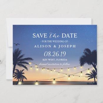Small Palm Beach Sunset String Lights Save The Date Front View