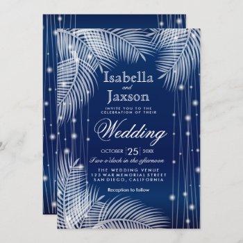 palm leaves and star light navy blue wedding invitation
