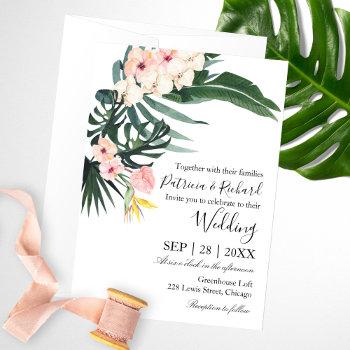 palm leaves hibiscus tropical elegant wedding invitation