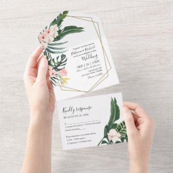 palm leaves hibiscus tropical geometric wedding all in one invitation