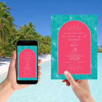 palm leaves seashell pink blue beach wedding invitation