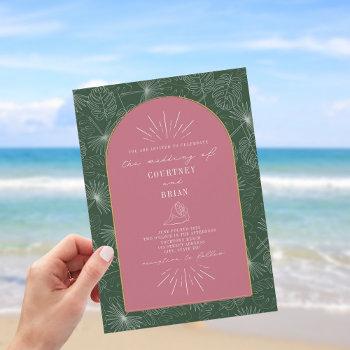 palm leaves seashell pink green tropical wedding invitation
