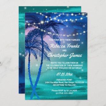 palm trees strings of lights wedding invitations