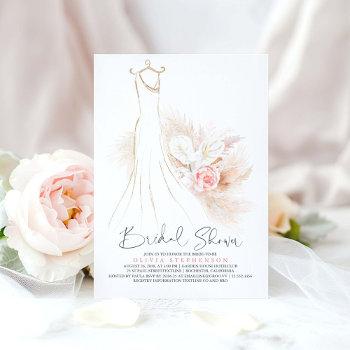 pampas grass and wedding dress bridal shower invitation