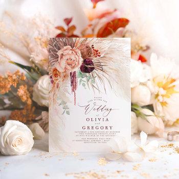 pampas grass floral burgundy terracotta wedding invitation