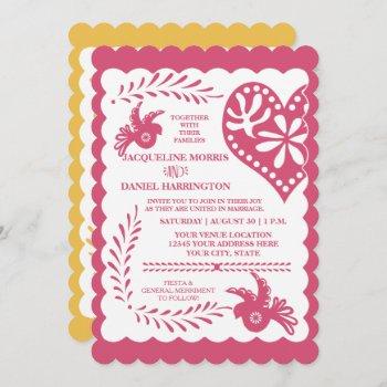 papel picado mexican fiesta pink yellow wedding  invitation