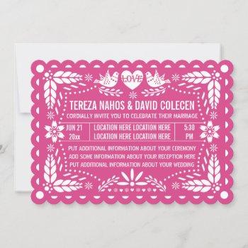 papel picado style love birds pink fiesta wedding invitation