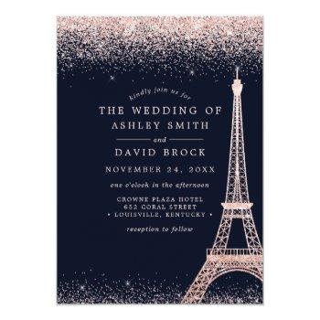 Small Paris Eiffel Tower Rose Gold Confetti Navy Wedding Front View