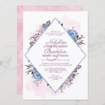 parisian charm blue & pink diamond frame wedding invitation