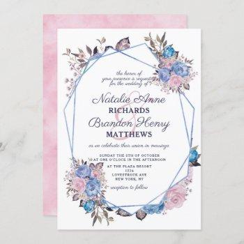 parisian charm blue & pink geometric wedding invitation