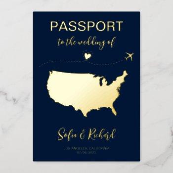 Small Passport Wedding Destination Gold Foil Plane Heart Foil Front View