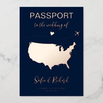 Small Passport Wedding Destination Gold Foil Plane Heart Foil Front View