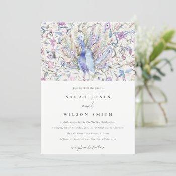 pastel classy ornate watercolor peacock wedding invitation