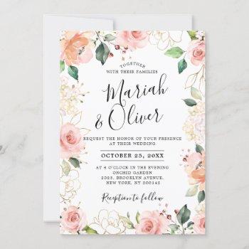 pastel pink blush rose floral botanical wedding invitation