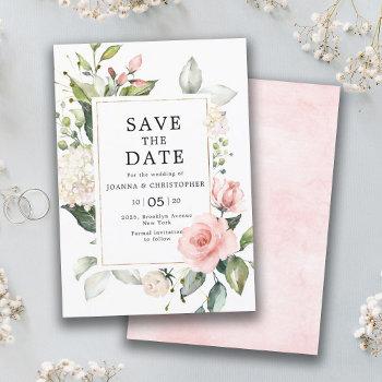 Small Pastel Pink Blush Rose Floral Botanical Wedding Save The Date Front View