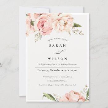 pastel soft blush peach peony flora wedding invite