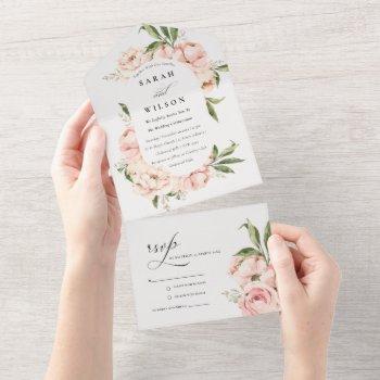 pastel soft blush peach peony floral wedding all in one invitation