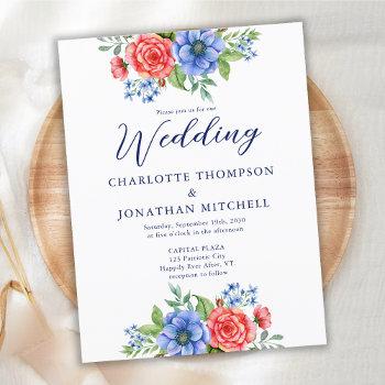 patriotic floral blue red white wedding invitation postcard