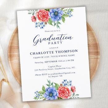 Small Patriotic Floral Red Blue Graduation Invite Front View