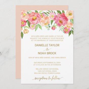 peach and pink peony flowers formal wedding invitation