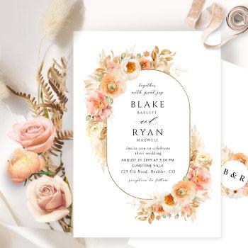 peach blush and cream oval with monogram wedding invitation