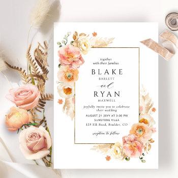 peach blush cream champagne floral elegant wedding invitation
