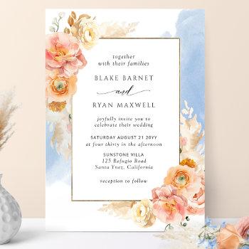 peach blush floral, blue watercolor chic wedding invitation