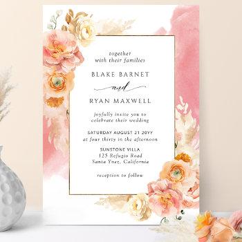  peach blush floral, coral watercolor chic wedding invitation