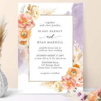 peach blush floral, purple watercolor chic wedding invitation