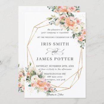 peach pink blush ivory floral wedding geometric invitation