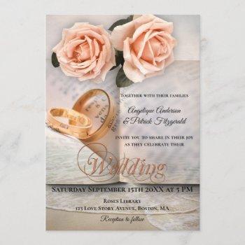 peach roses love story book wedding invitation