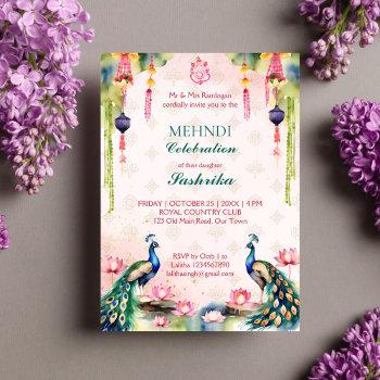 peacock and lotus watercolor indian wedding mehndi invitation