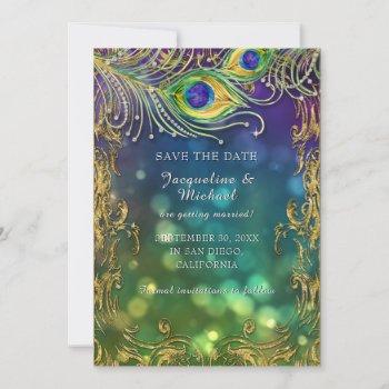 peacock feather antique vintage gold scroll bokeh save the date