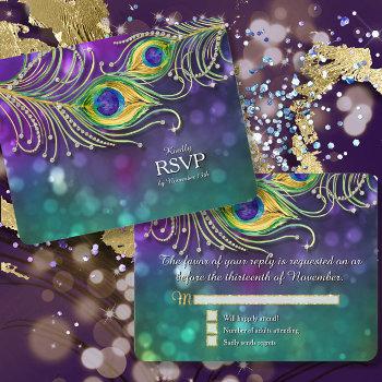 Small Peacock Feather Wedding Gold Glitter Jeweled Rsvp Front View