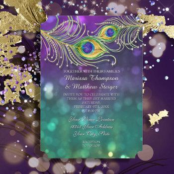 peacock feather wedding jeweled feathers bokeh invitation