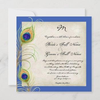 Small Peacock Feathers Royal Blue Wedding Invites Front View