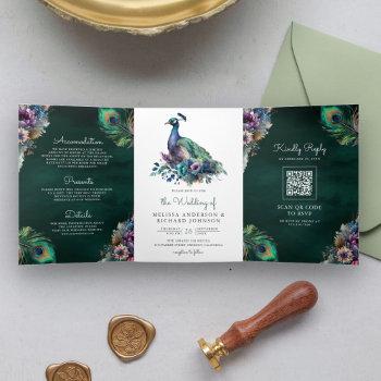 Small Peacock Floral Feather Qr Code Emerald Wedding Tri-fold Front View
