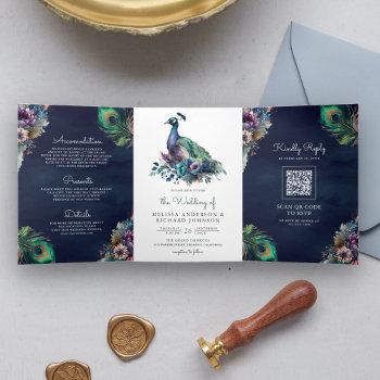 peacock floral feather qr code navy blue wedding tri-fold invitation