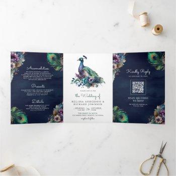 peacock floral feather qr code navy blue wedding tri-fold invitation